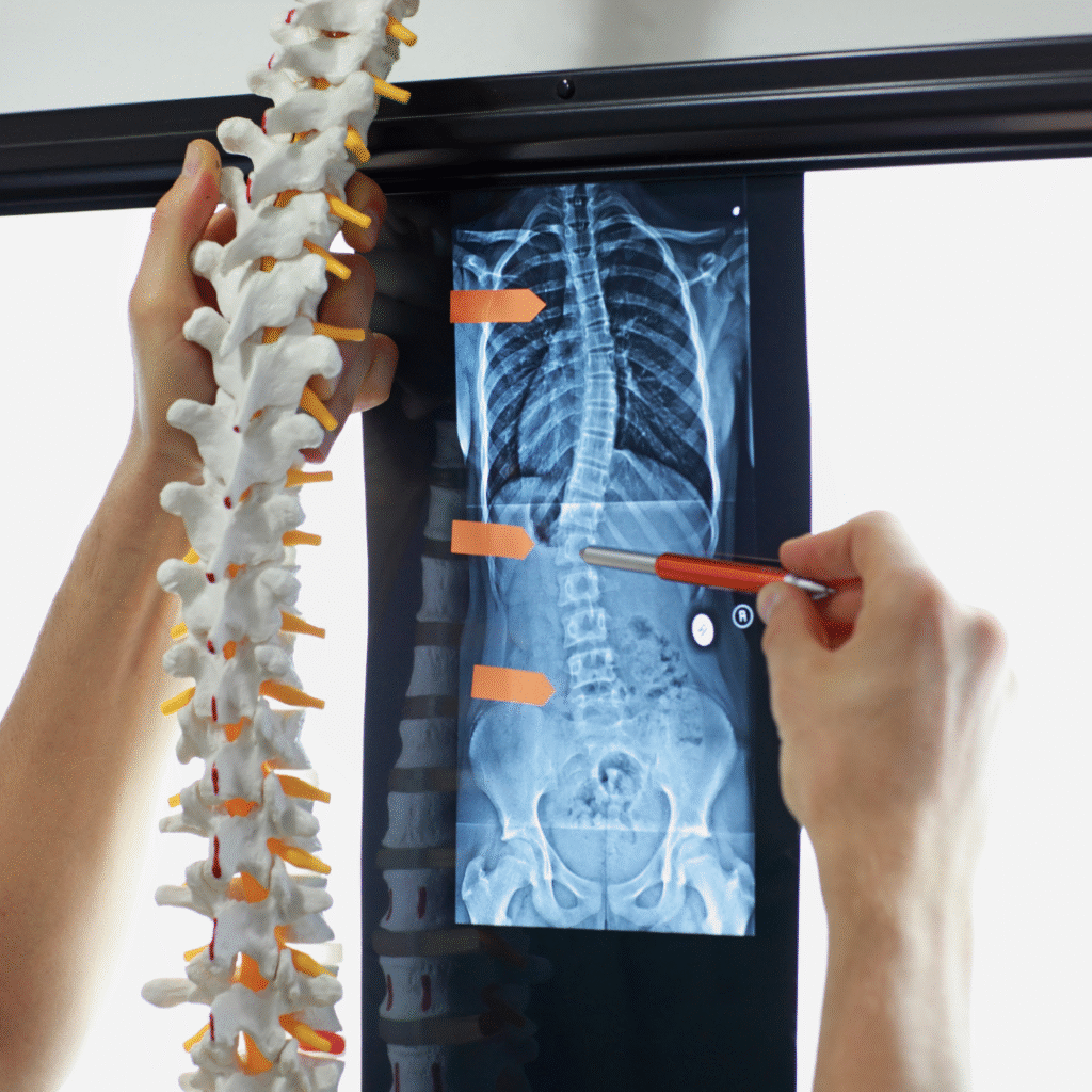 orthopedic specialist reviewing scoliosis spinal X-ray with patient